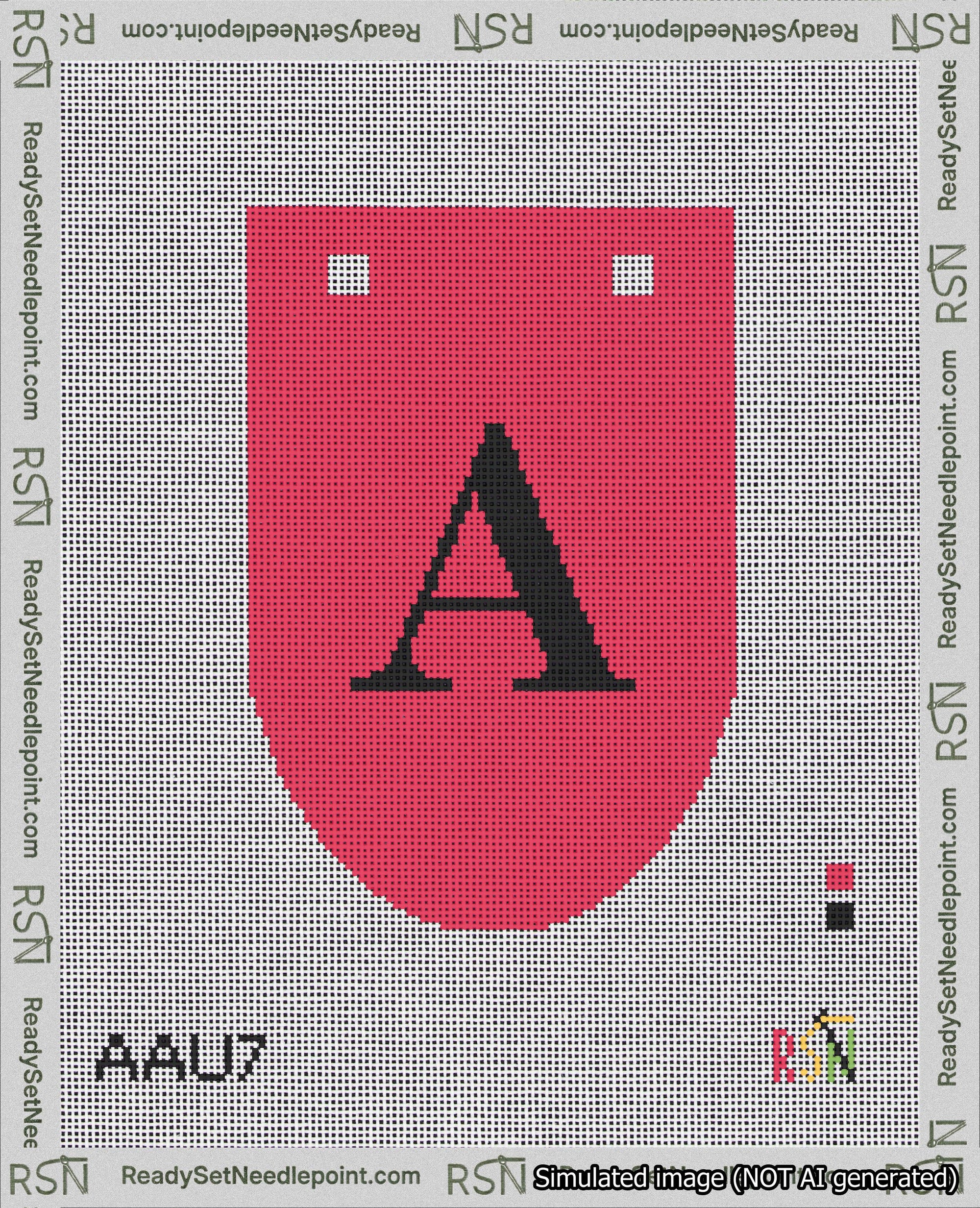 A taped needlepoint canvas with the design: Banner 18 mesh count Rounded A Black on Red.