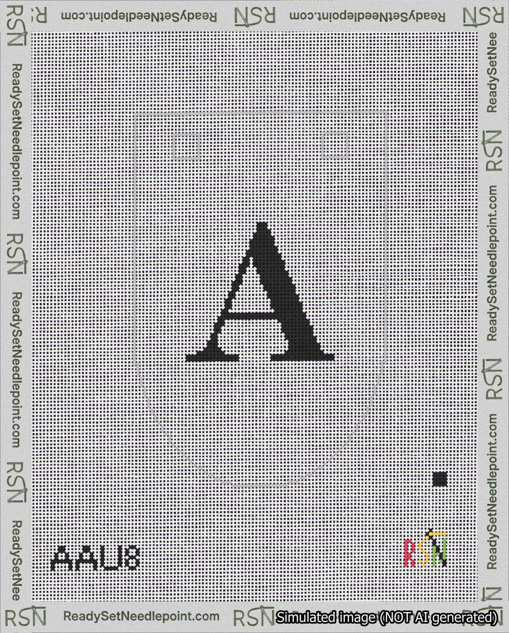 A taped needlepoint canvas with the design: Banner 18 mesh count Rounded A Black on White.
