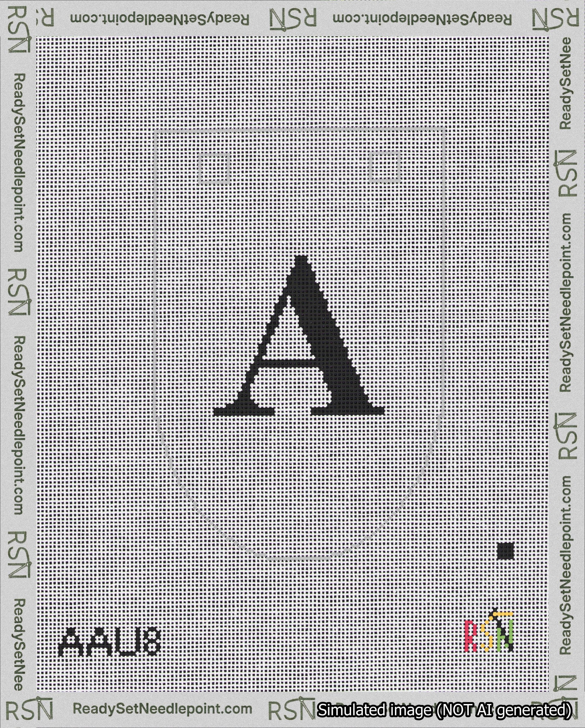 A taped needlepoint canvas with the design: Banner 18 mesh count Rounded A Black on White.
