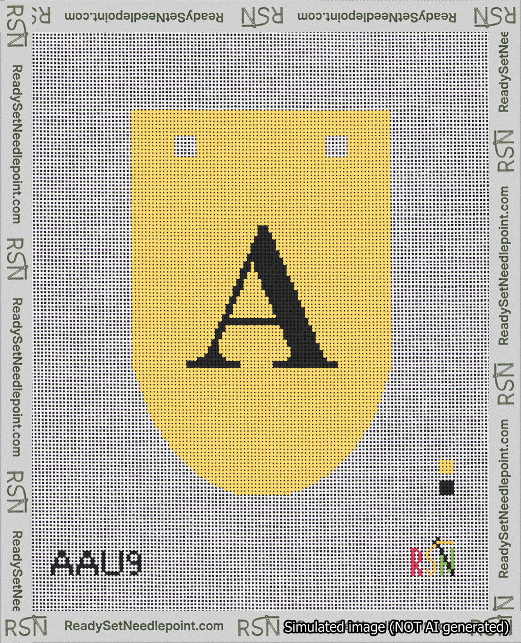 A taped needlepoint canvas with the design: Banner 18 mesh count Rounded A Black on Yellow.