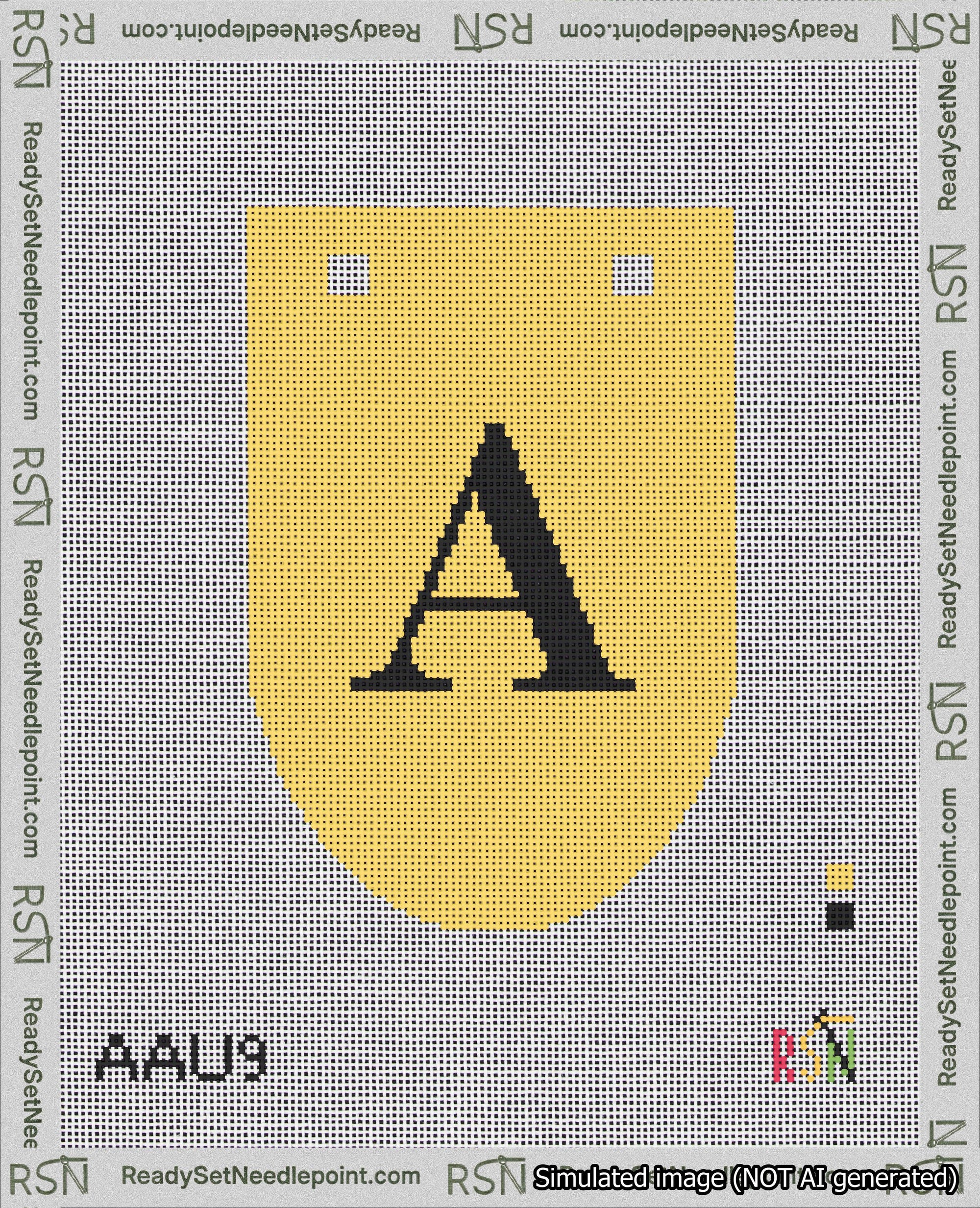 A taped needlepoint canvas with the design: Banner 18 mesh count Rounded A Black on Yellow.