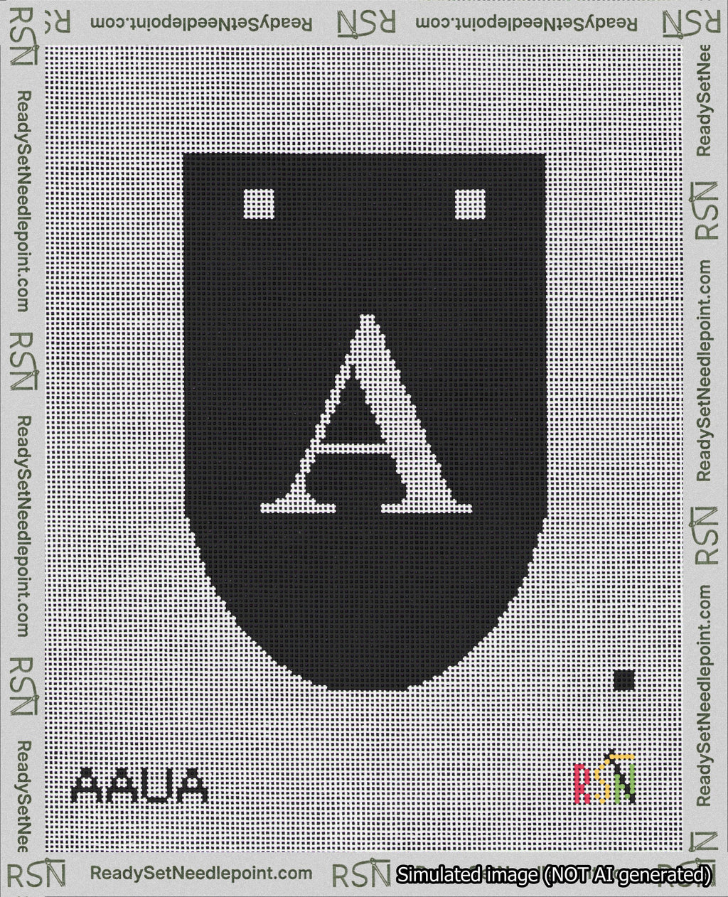 A taped needlepoint canvas with the design: Banner 18 mesh count Rounded A White on Black.