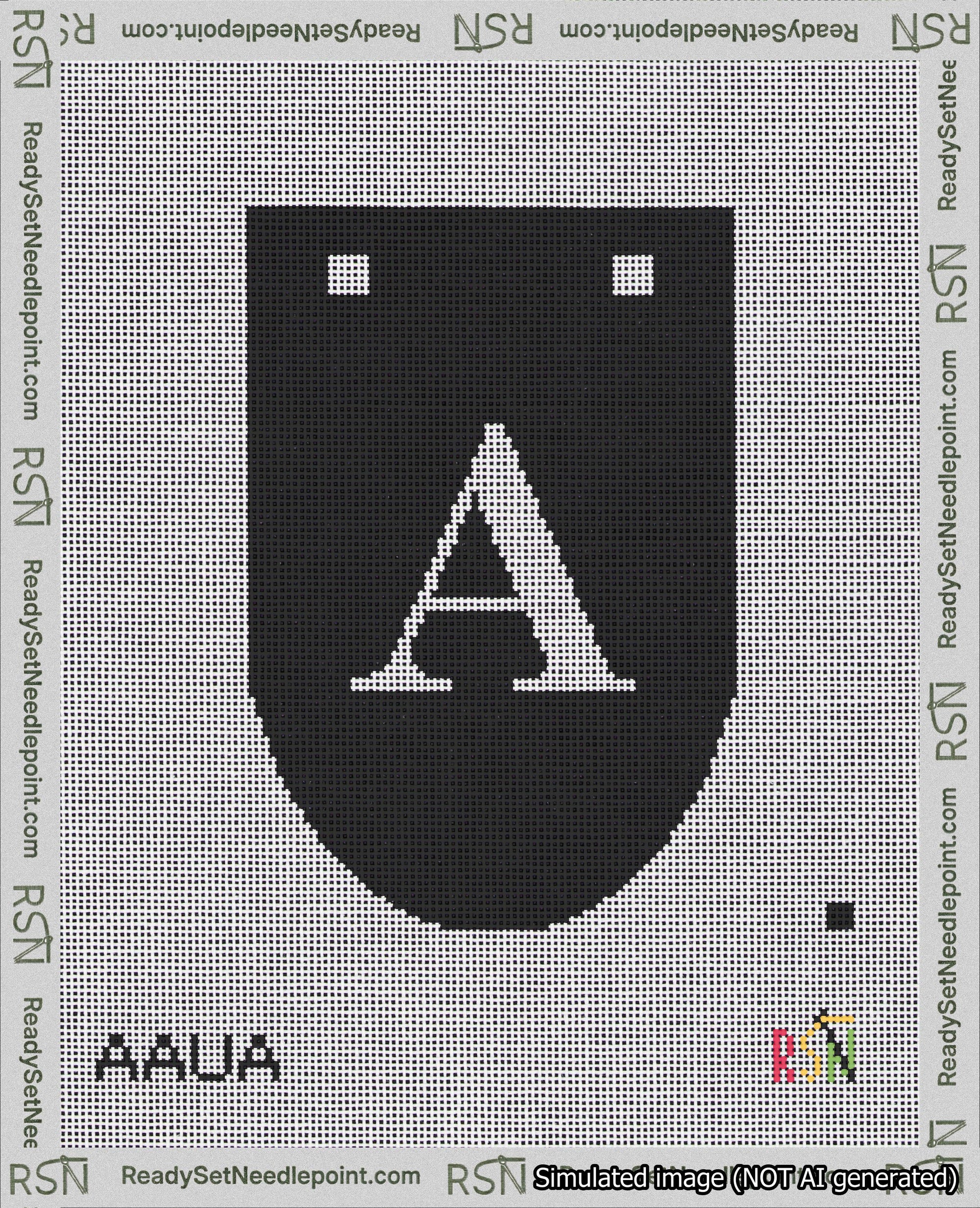 A taped needlepoint canvas with the design: Banner 18 mesh count Rounded A White on Black.