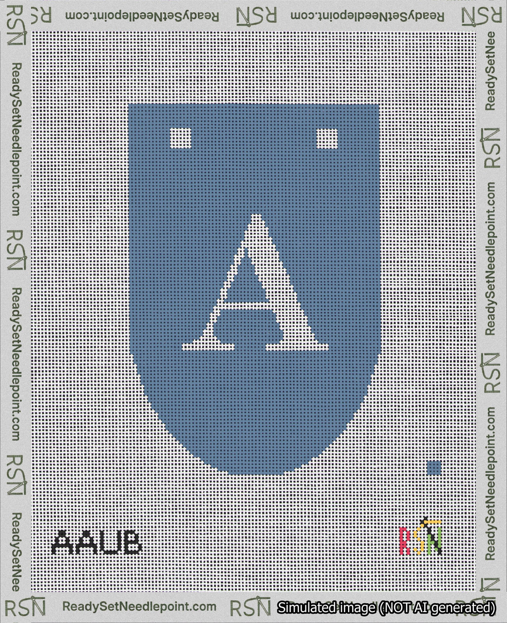 A taped needlepoint canvas with the design: Banner 18 mesh count Rounded A White on Blue.