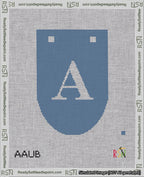A taped needlepoint canvas with the design: Banner 18 mesh count Rounded A White on Blue.