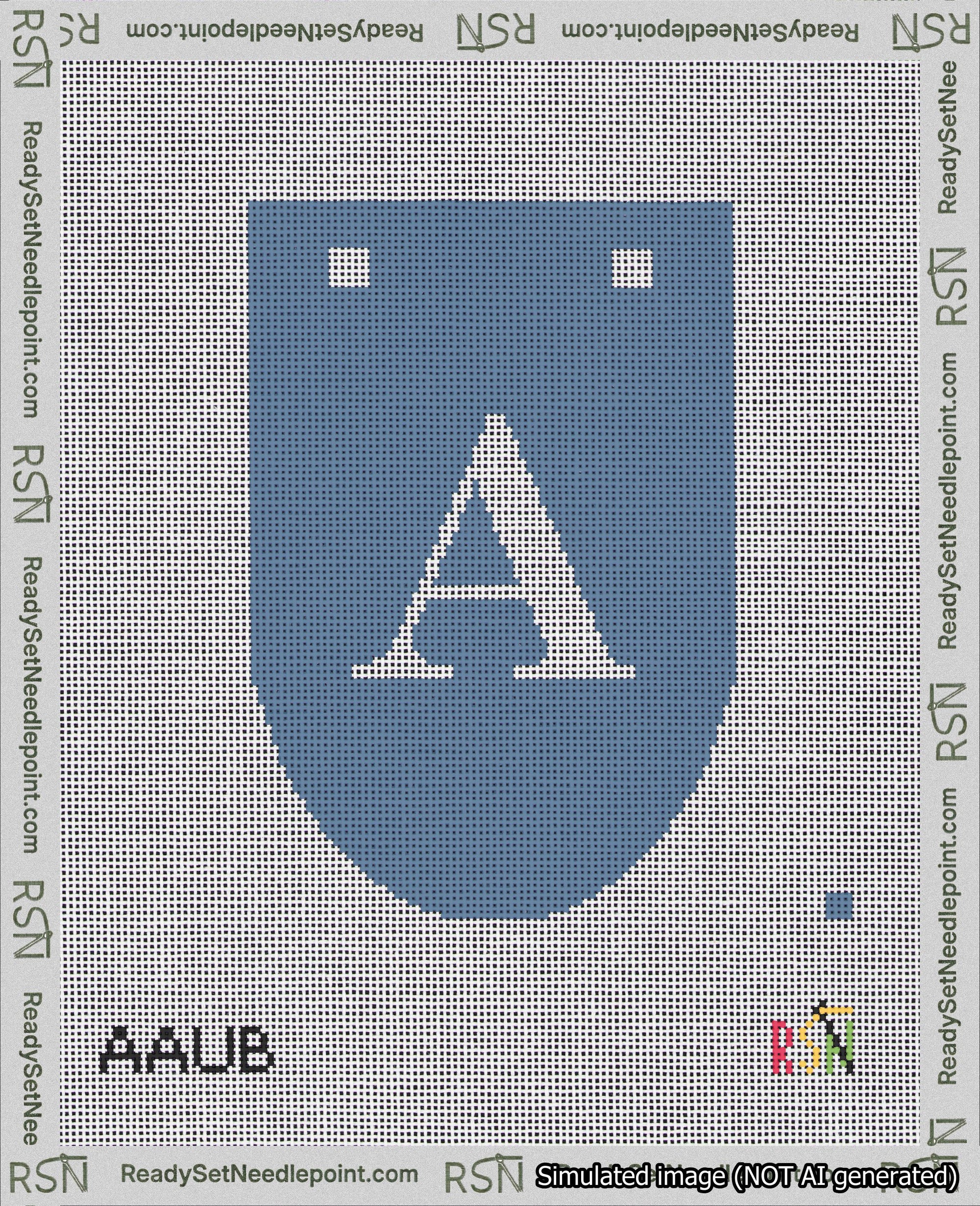 A taped needlepoint canvas with the design: Banner 18 mesh count Rounded A White on Blue.