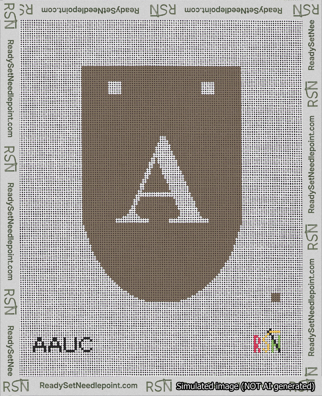 A taped needlepoint canvas with the design: Banner 18 mesh count Rounded A White on Brown.