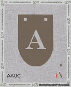 A taped needlepoint canvas with the design: Banner 18 mesh count Rounded A White on Brown.
