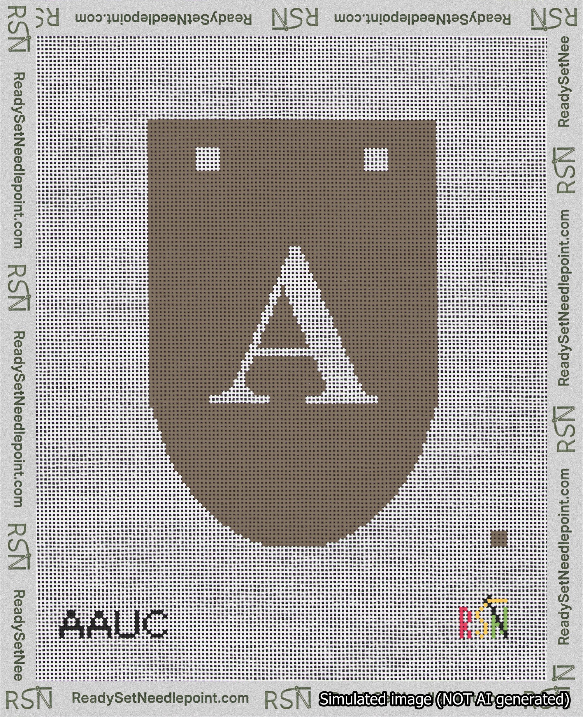 A taped needlepoint canvas with the design: Banner 18 mesh count Rounded A White on Brown.