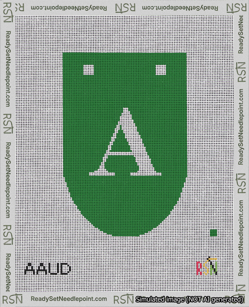 A taped needlepoint canvas with the design: Banner 18 mesh count Rounded A White on Green.