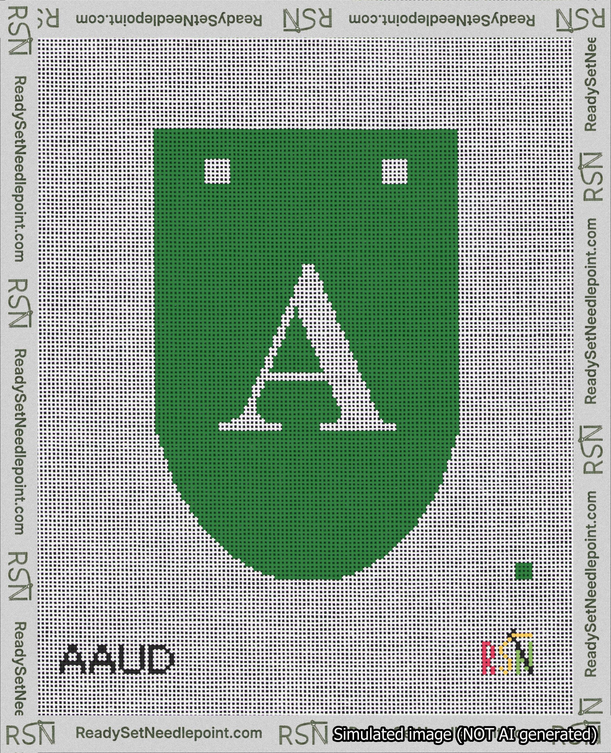 A taped needlepoint canvas with the design: Banner 18 mesh count Rounded A White on Green.