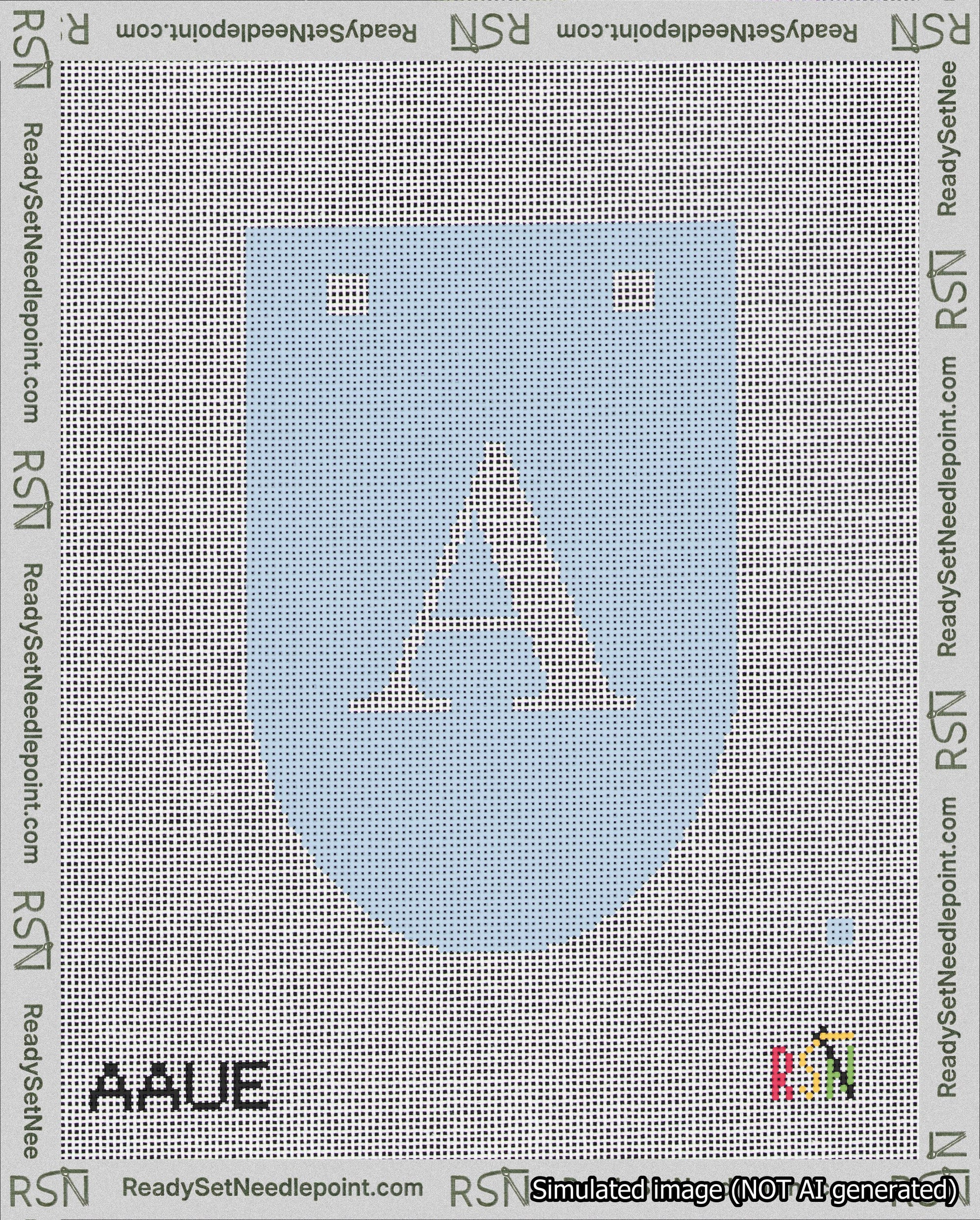 A taped needlepoint canvas with the design: Banner 18 mesh count Rounded A White on Light Blue.