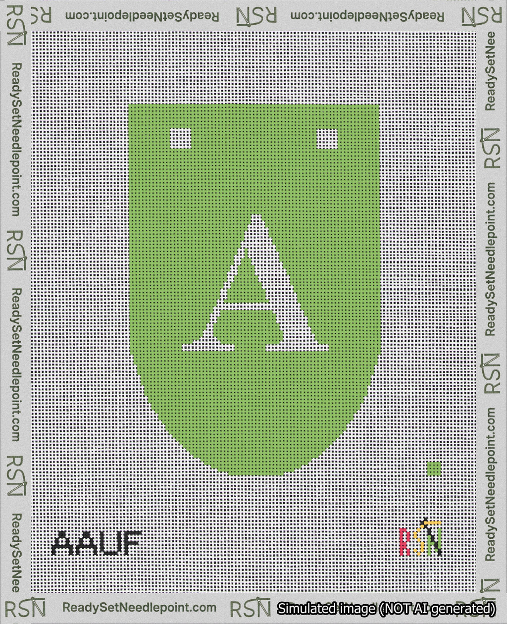 A taped needlepoint canvas with the design: Banner 18 mesh count Rounded A White on Light Green.