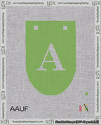 A taped needlepoint canvas with the design: Banner 18 mesh count Rounded A White on Light Green.