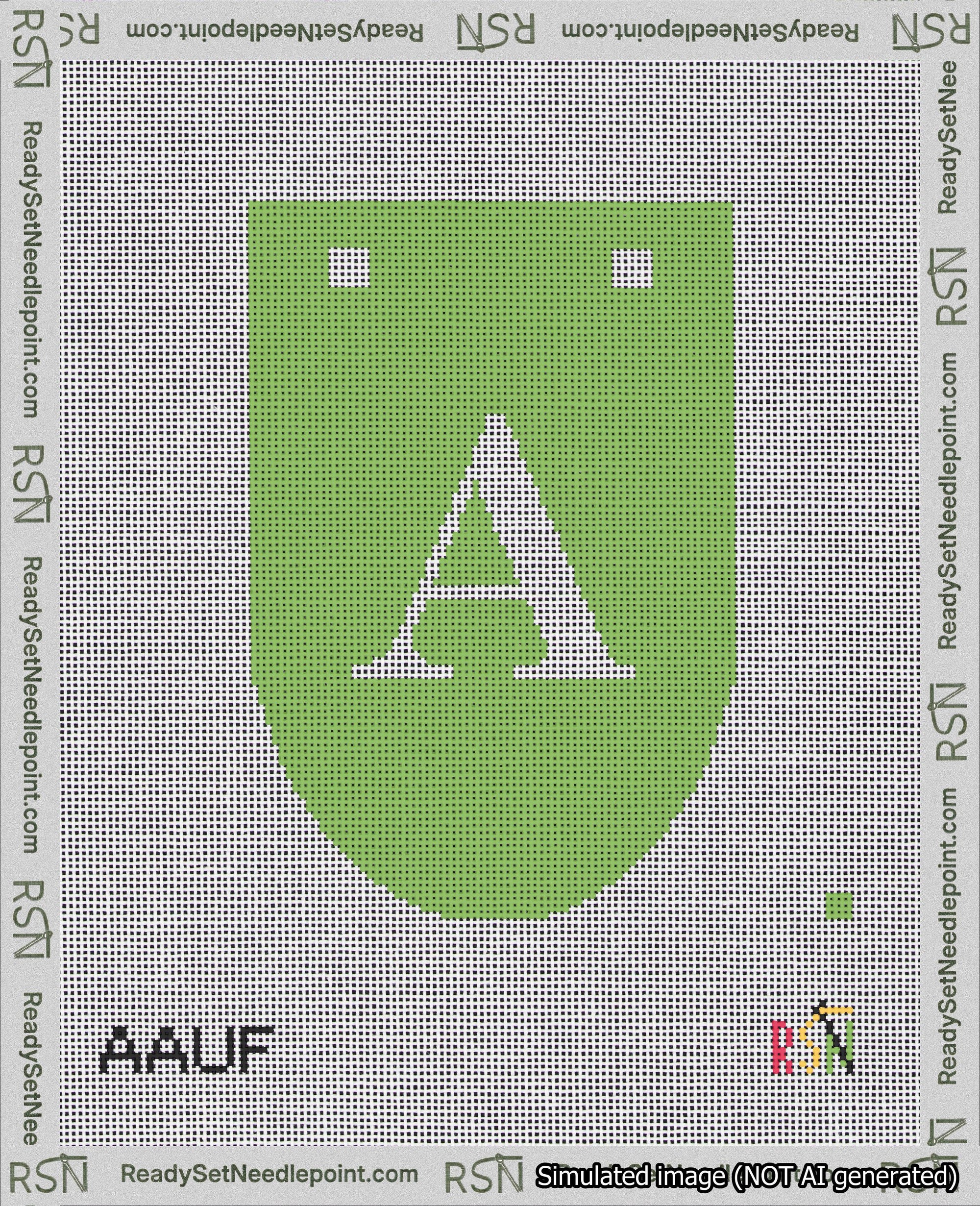 A taped needlepoint canvas with the design: Banner 18 mesh count Rounded A White on Light Green.