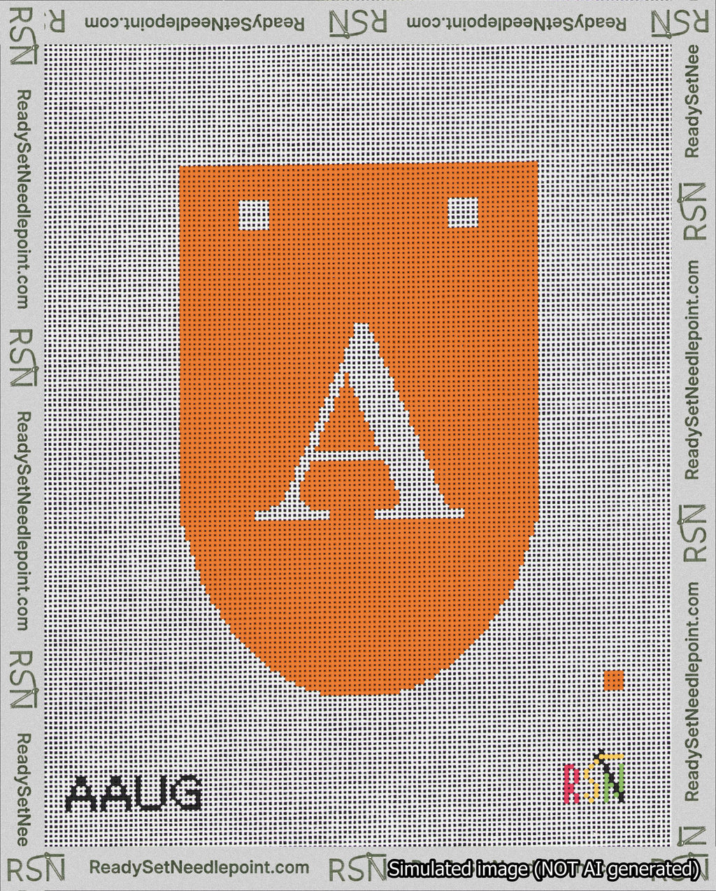 A taped needlepoint canvas with the design: Banner 18 mesh count Rounded A White on Orange.