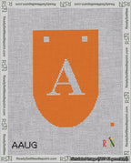 A taped needlepoint canvas with the design: Banner 18 mesh count Rounded A White on Orange.