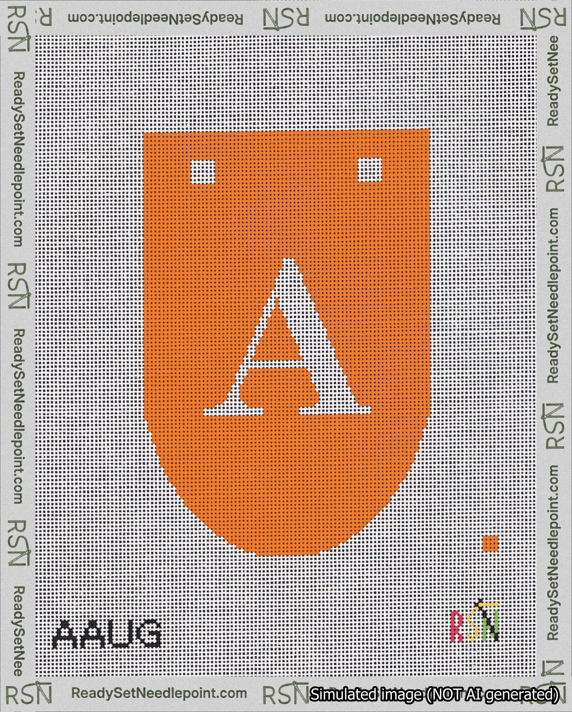 A taped needlepoint canvas with the design: Banner 18 mesh count Rounded A White on Orange.