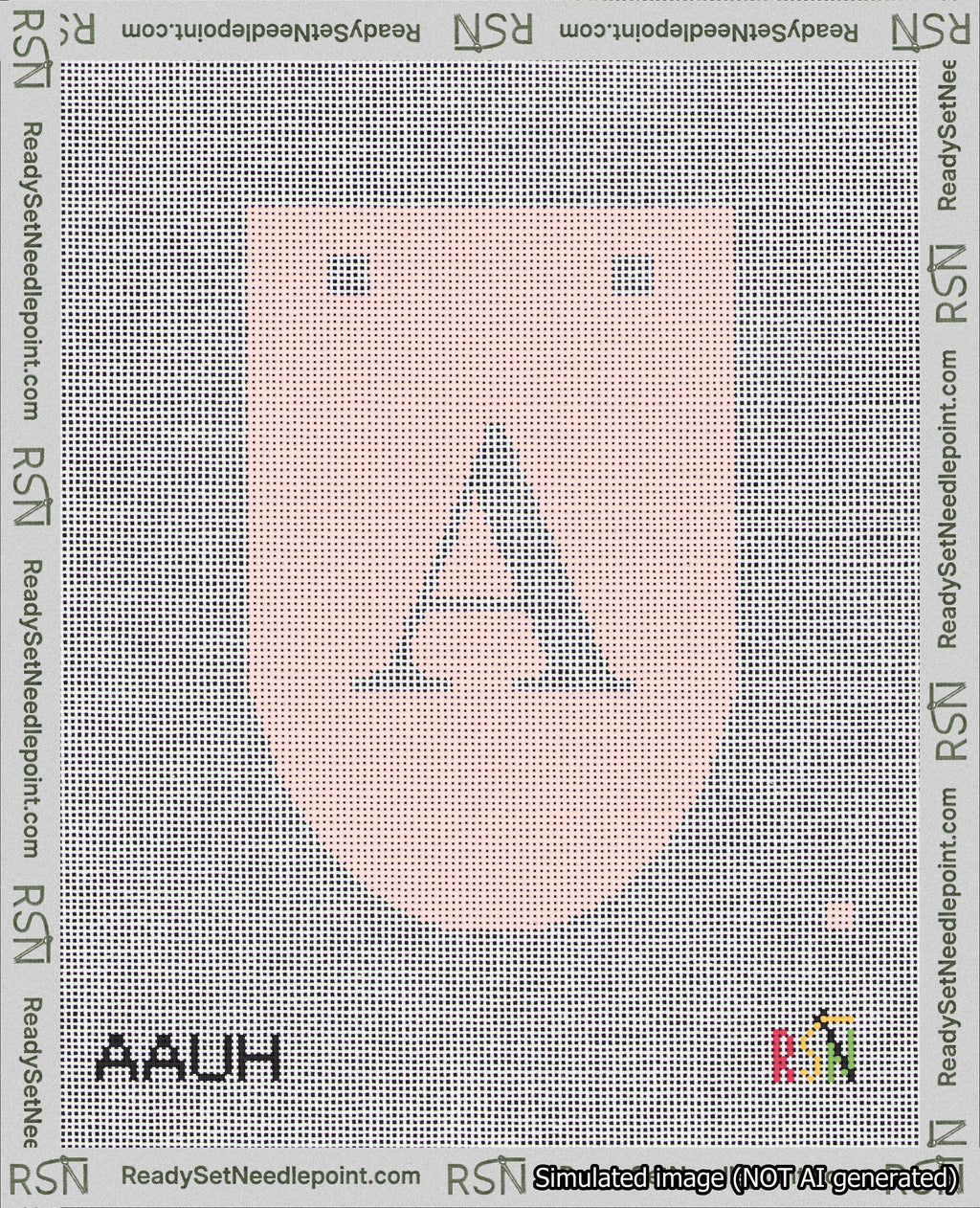A taped needlepoint canvas with the design: Banner 18 mesh count Rounded A White on Pink.
