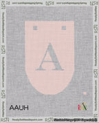 A taped needlepoint canvas with the design: Banner 18 mesh count Rounded A White on Pink.
