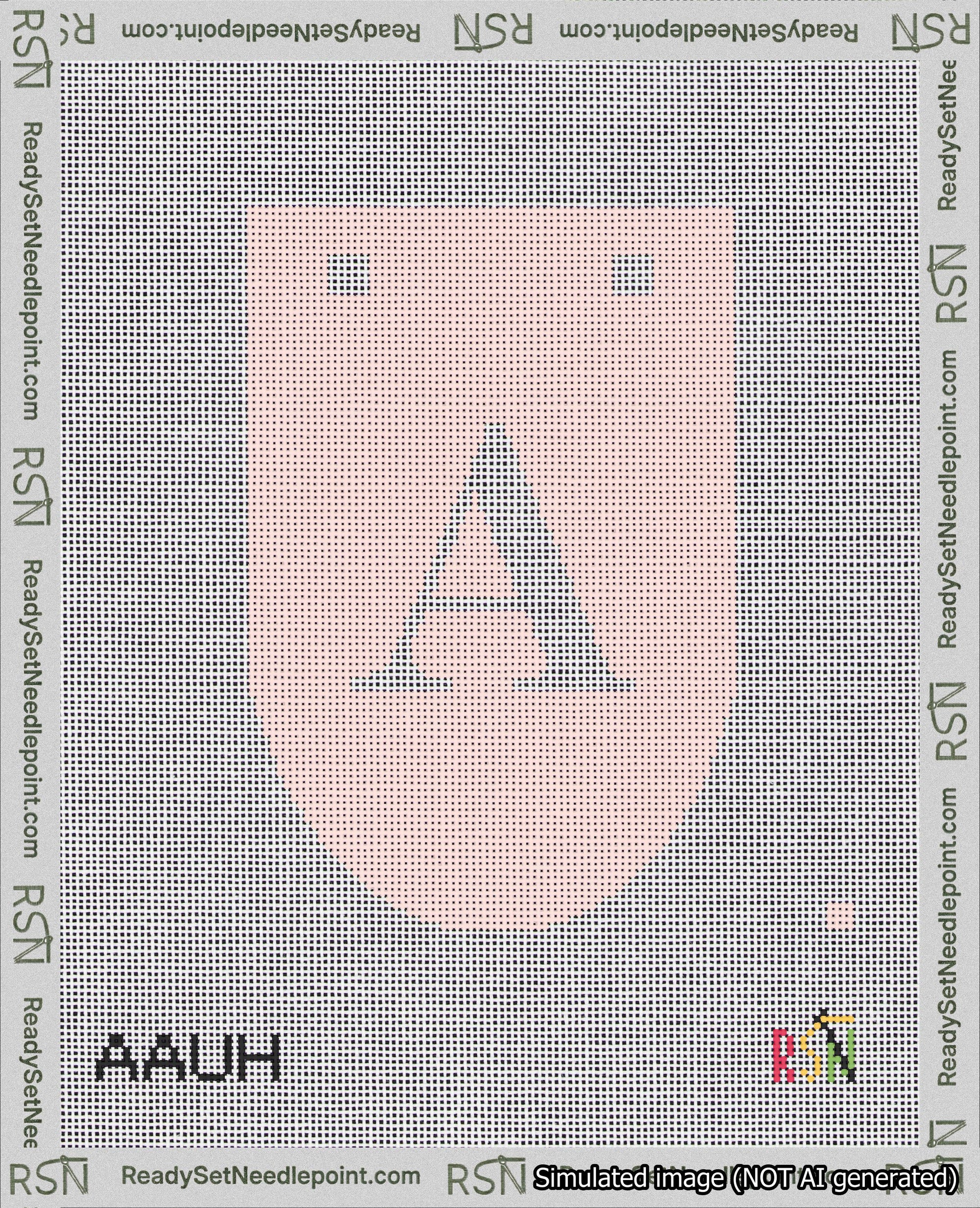 A taped needlepoint canvas with the design: Banner 18 mesh count Rounded A White on Pink.