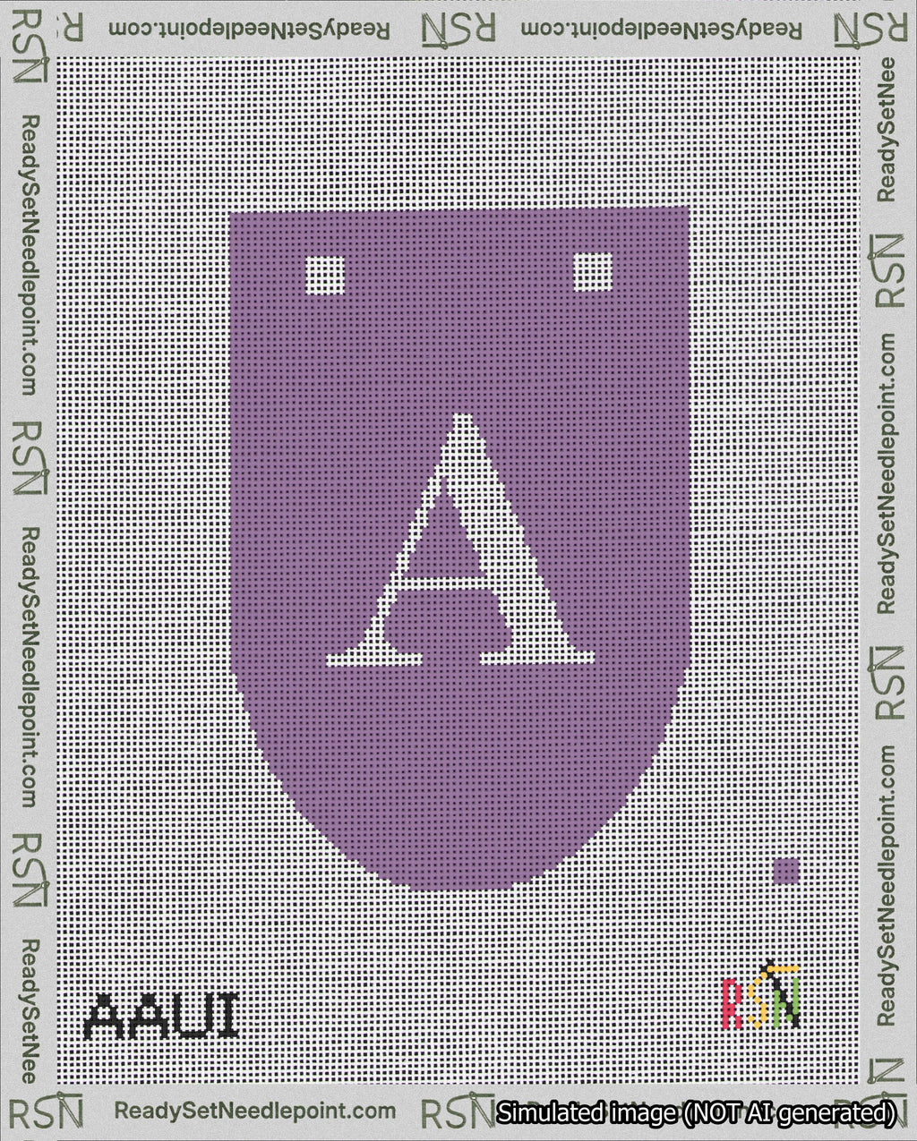 A taped needlepoint canvas with the design: Banner 18 mesh count Rounded A White on Purple.