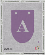 A taped needlepoint canvas with the design: Banner 18 mesh count Rounded A White on Purple.