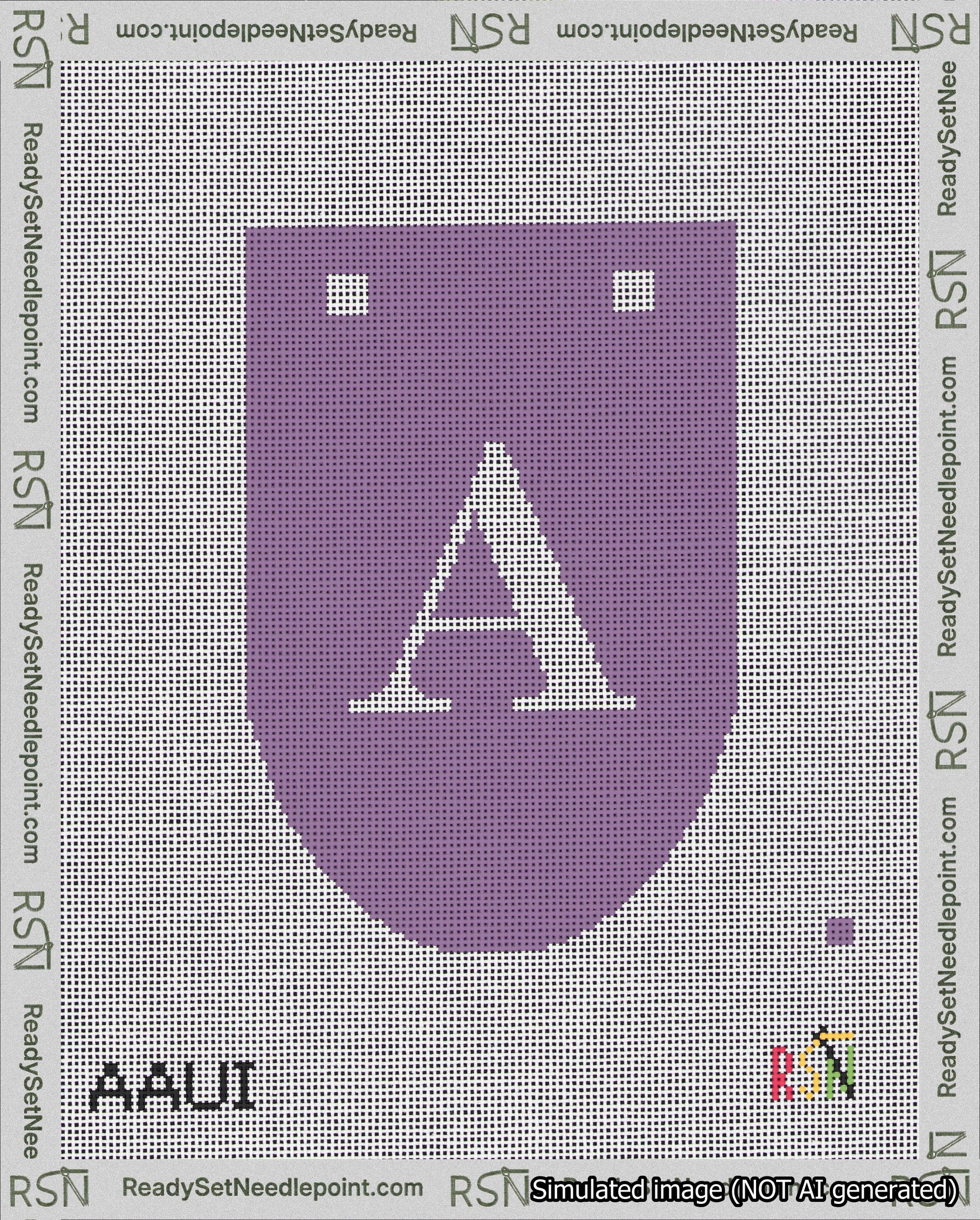 A taped needlepoint canvas with the design: Banner 18 mesh count Rounded A White on Purple.