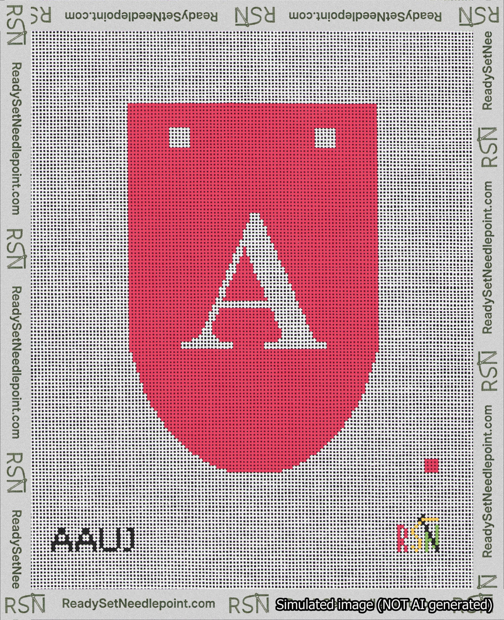 A taped needlepoint canvas with the design: Banner 18 mesh count Rounded A White on Red.