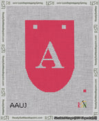 A taped needlepoint canvas with the design: Banner 18 mesh count Rounded A White on Red.