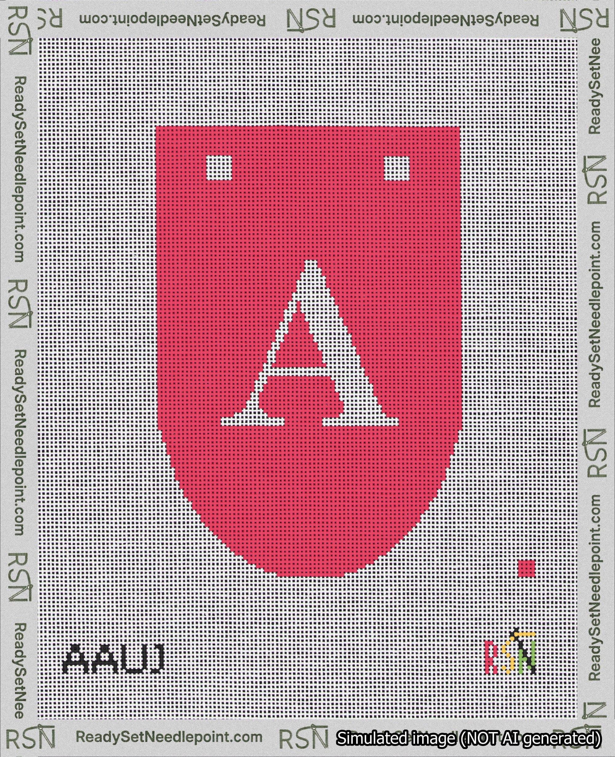 A taped needlepoint canvas with the design: Banner 18 mesh count Rounded A White on Red.