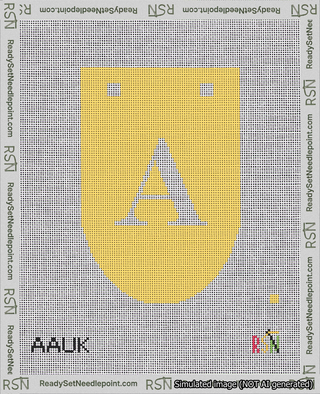A taped needlepoint canvas with the design: Banner 18 mesh count Rounded A White on Yellow.