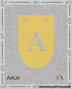 A taped needlepoint canvas with the design: Banner 18 mesh count Rounded A White on Yellow.
