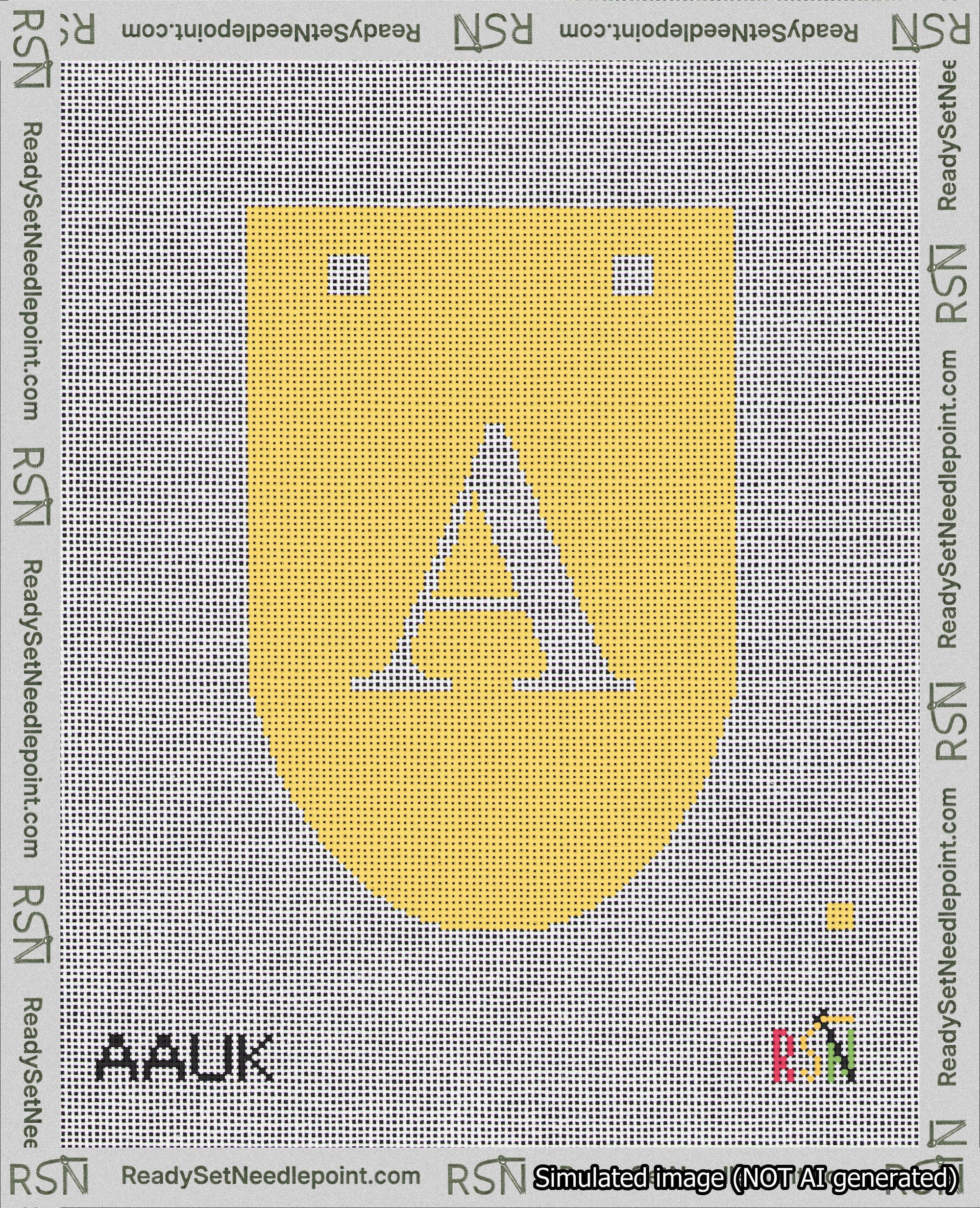 A taped needlepoint canvas with the design: Banner 18 mesh count Rounded A White on Yellow.