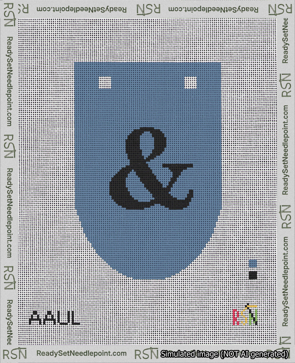 A taped needlepoint canvas with the design: Banner 18 mesh count Rounded Ampersand Black on Blue.