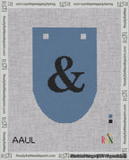 A taped needlepoint canvas with the design: Banner 18 mesh count Rounded Ampersand Black on Blue.