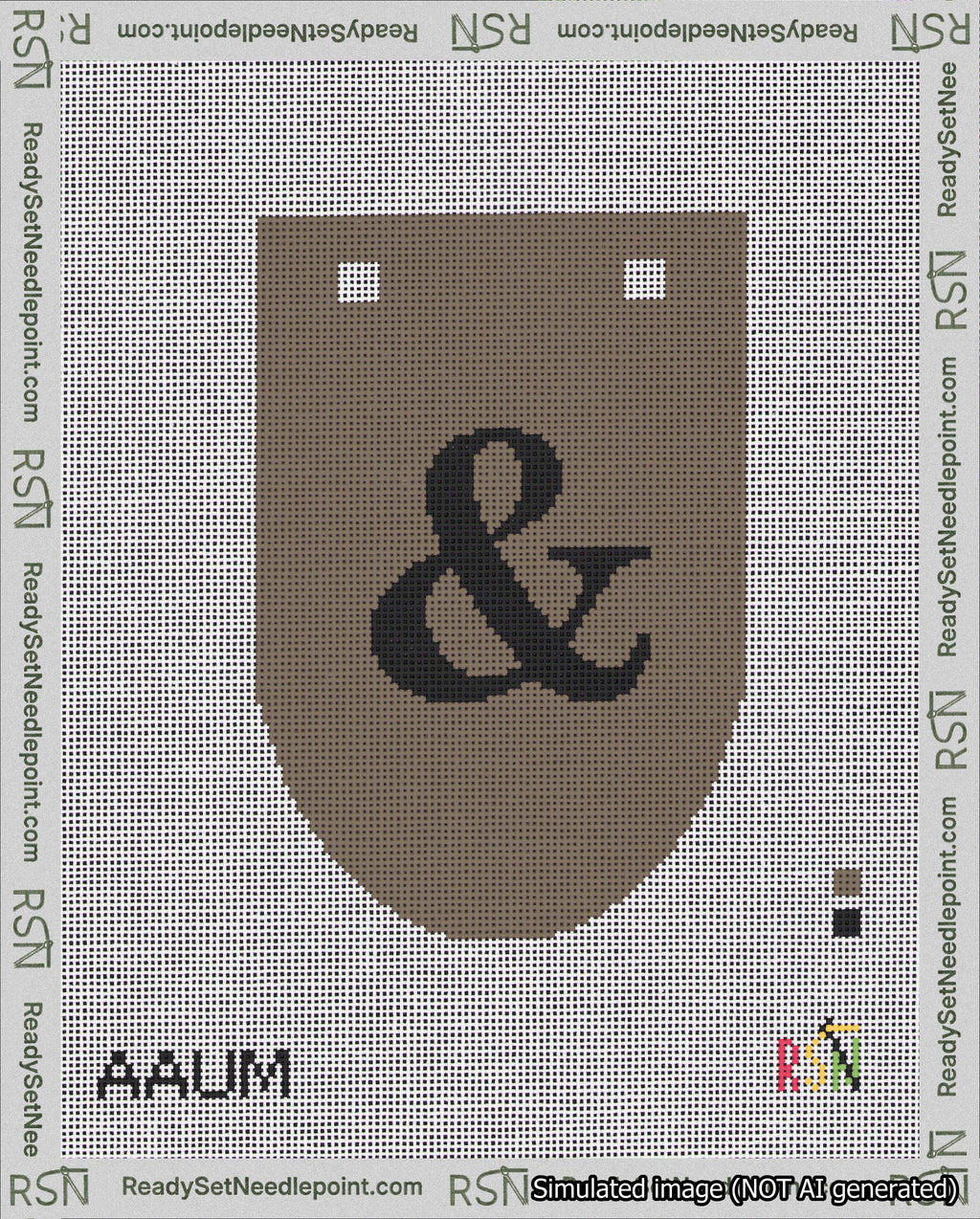 A taped needlepoint canvas with the design: Banner 18 mesh count Rounded Ampersand Black on Brown.