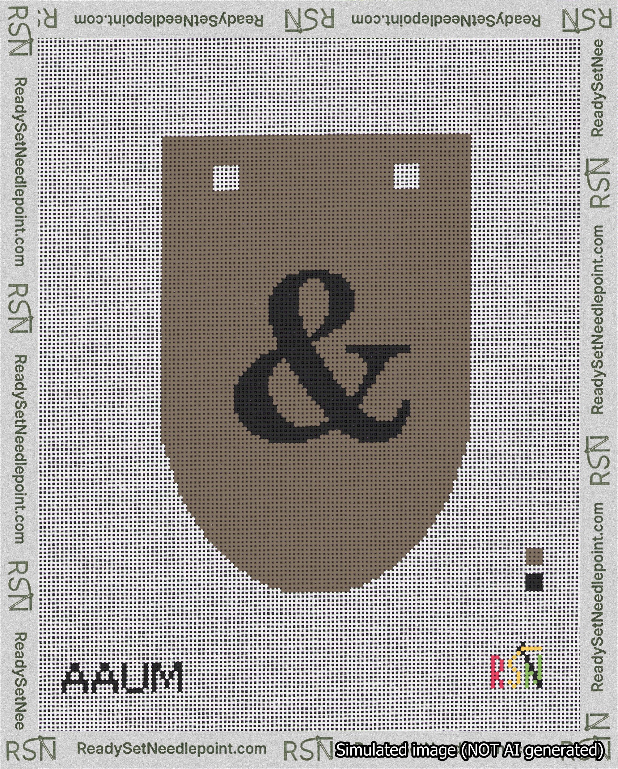 A taped needlepoint canvas with the design: Banner 18 mesh count Rounded Ampersand Black on Brown.