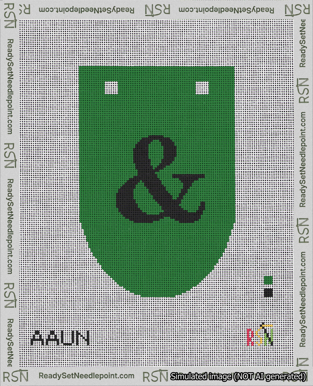 A taped needlepoint canvas with the design: Banner 18 mesh count Rounded Ampersand Black on Green.