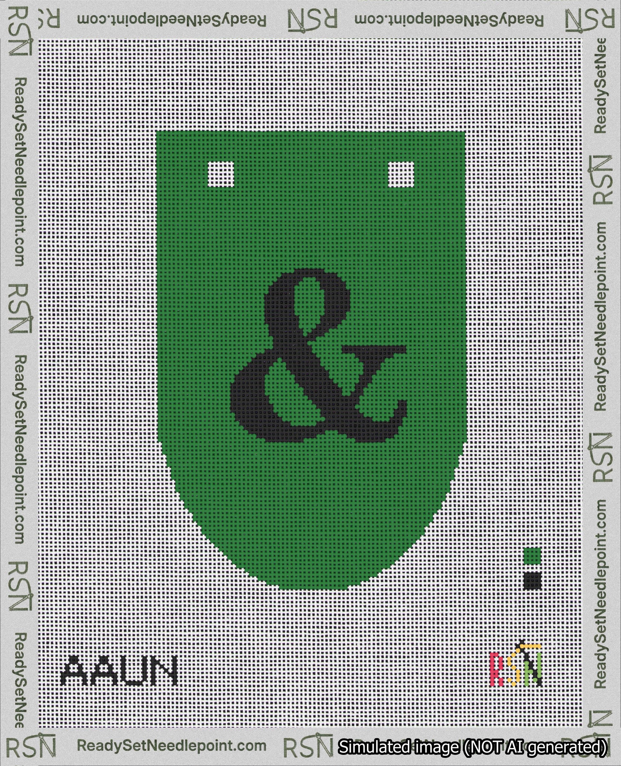 A taped needlepoint canvas with the design: Banner 18 mesh count Rounded Ampersand Black on Green.