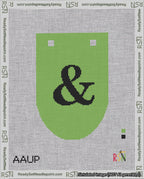 A taped needlepoint canvas with the design: Banner 18 mesh count Rounded Ampersand Black on Light Green.