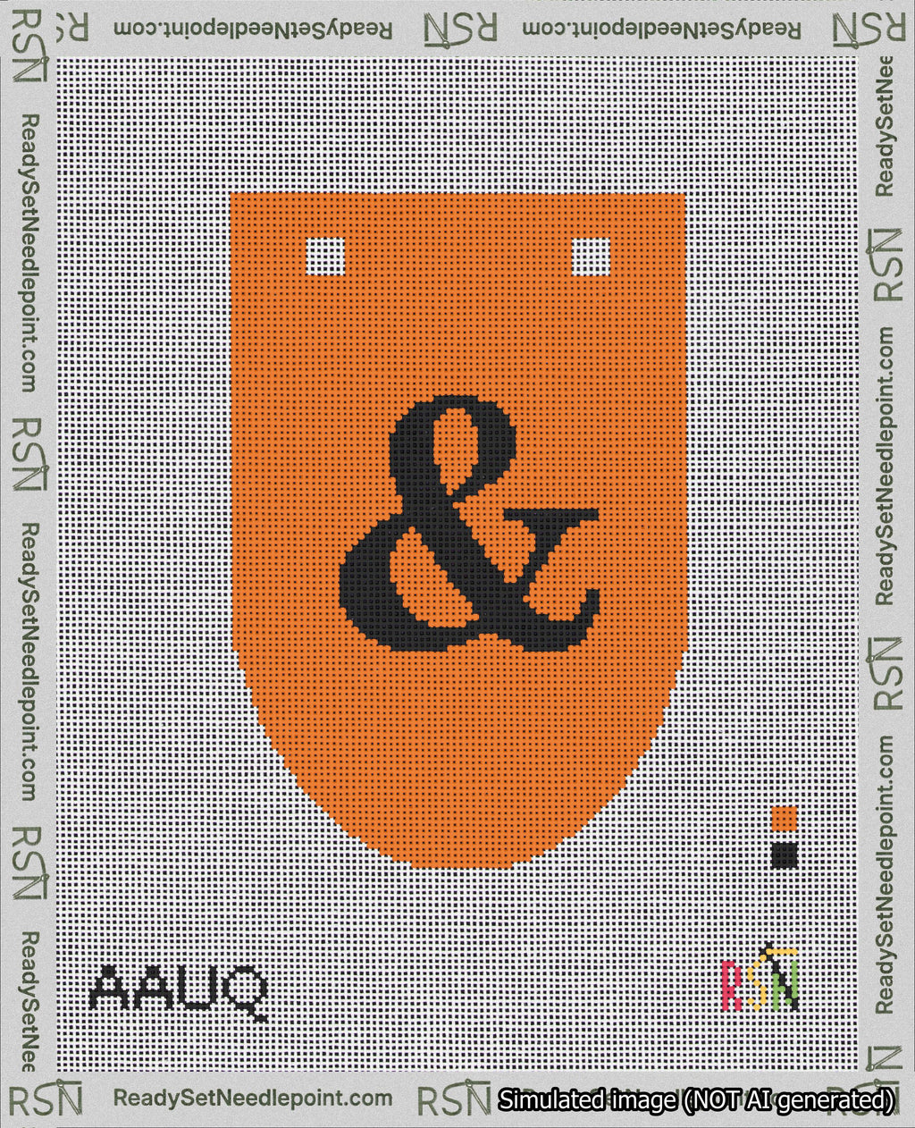 A taped needlepoint canvas with the design: Banner 18 mesh count Rounded Ampersand Black on Orange.