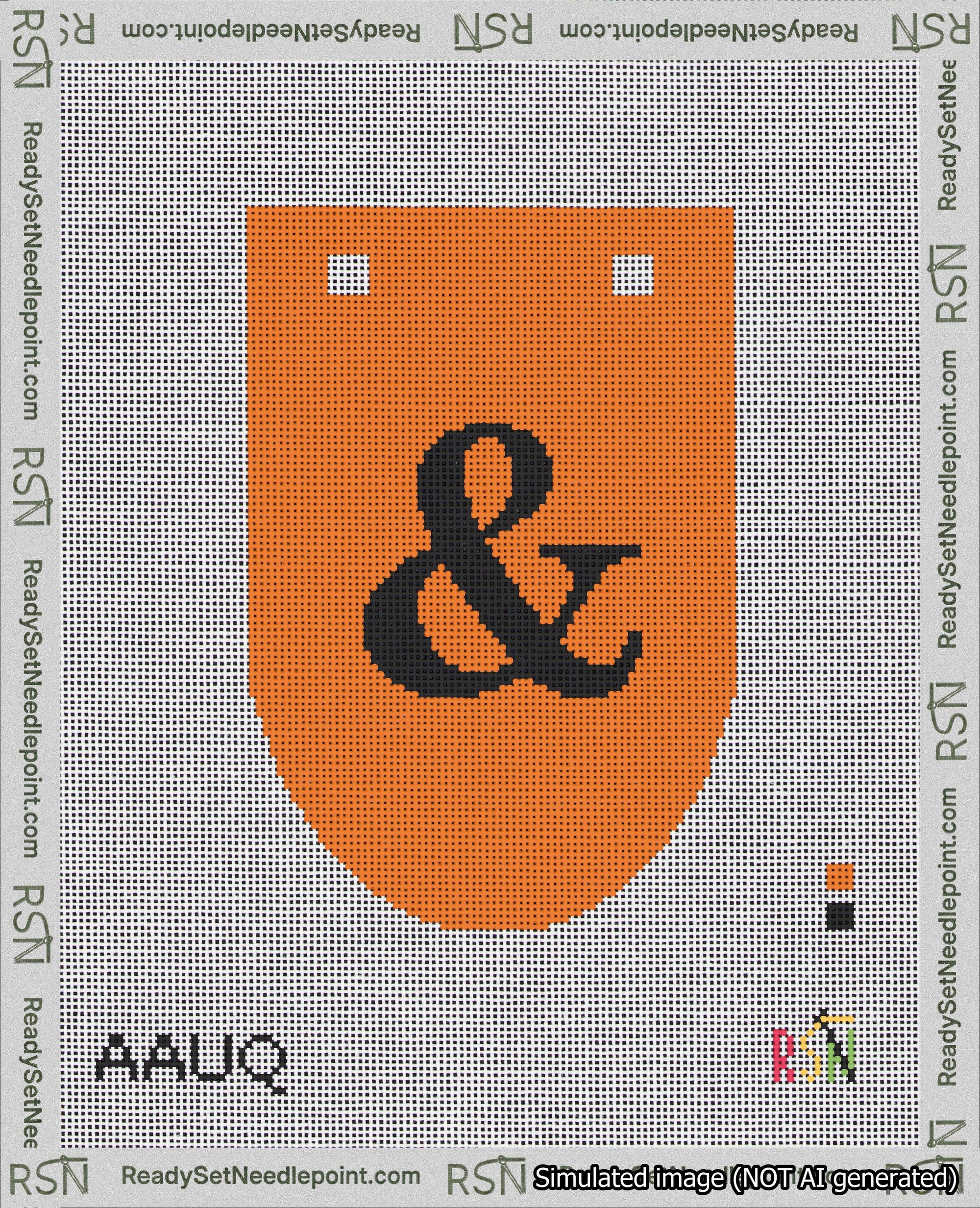 A taped needlepoint canvas with the design: Banner 18 mesh count Rounded Ampersand Black on Orange.