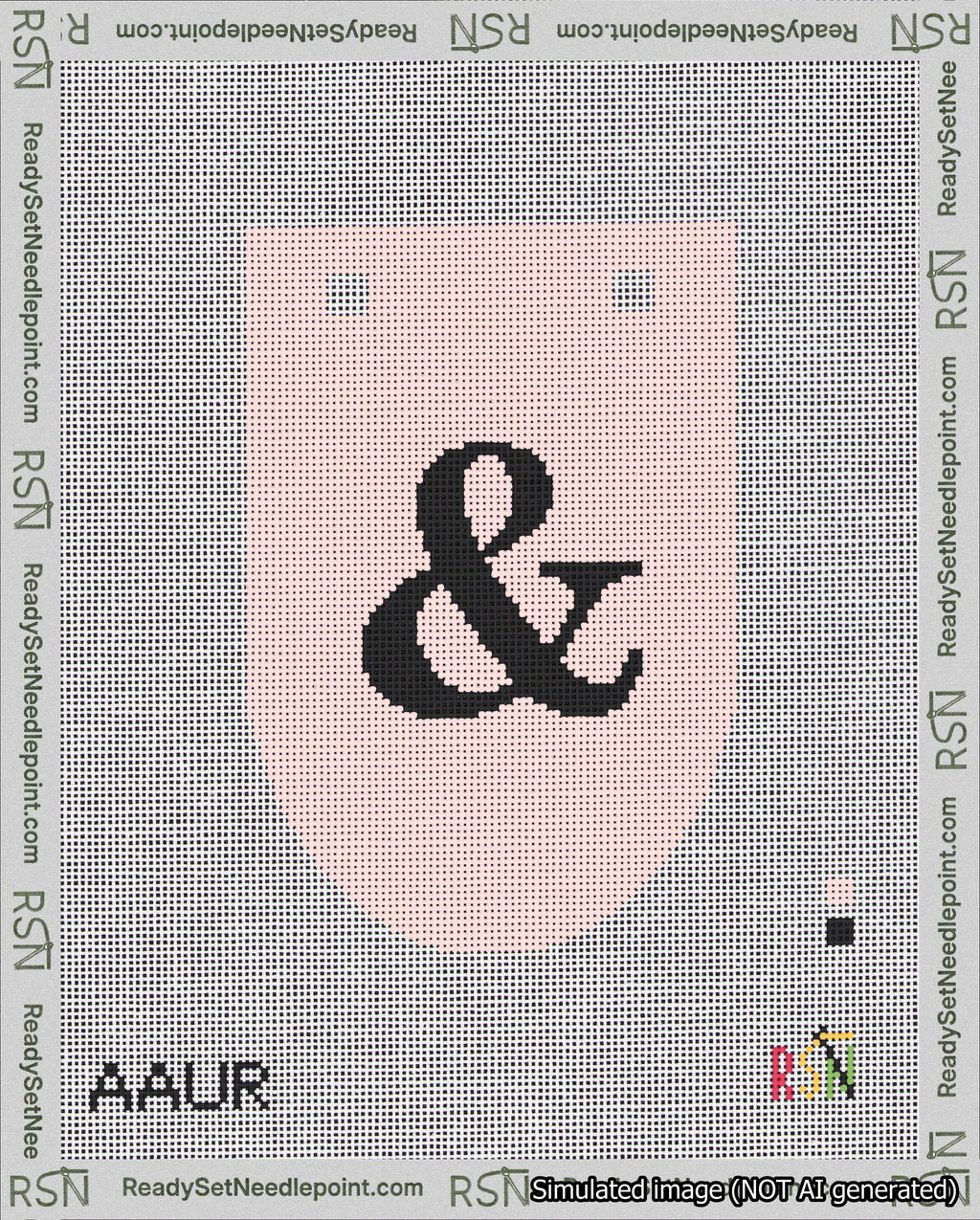 A taped needlepoint canvas with the design: Banner 18 mesh count Rounded Ampersand Black on Pink.