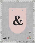 A taped needlepoint canvas with the design: Banner 18 mesh count Rounded Ampersand Black on Pink.