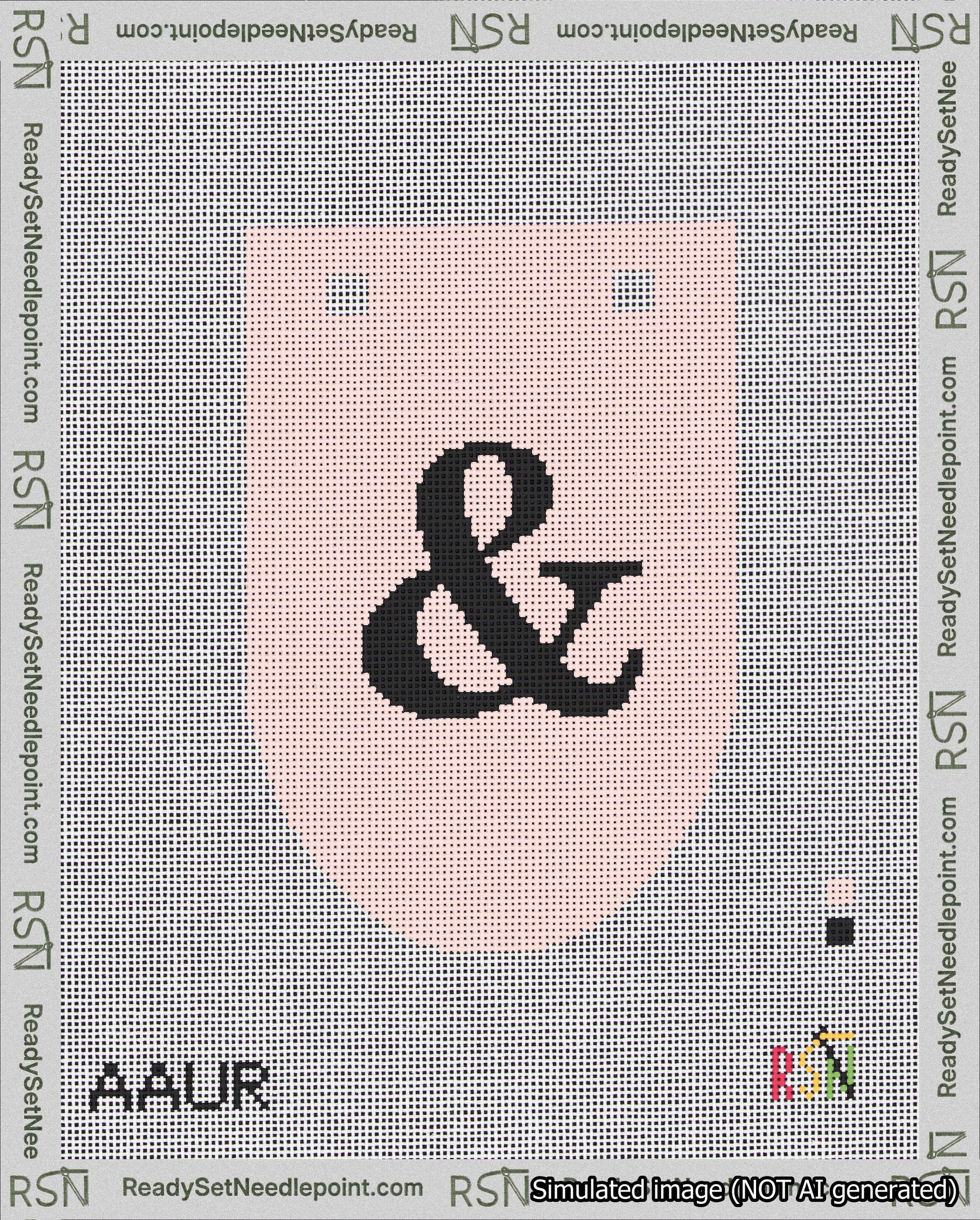 A taped needlepoint canvas with the design: Banner 18 mesh count Rounded Ampersand Black on Pink.