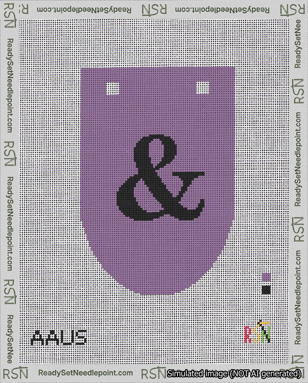 A taped needlepoint canvas with the design: Banner 18 mesh count Rounded Ampersand Black on Purple.