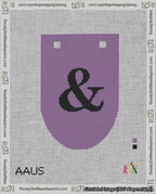 A taped needlepoint canvas with the design: Banner 18 mesh count Rounded Ampersand Black on Purple.