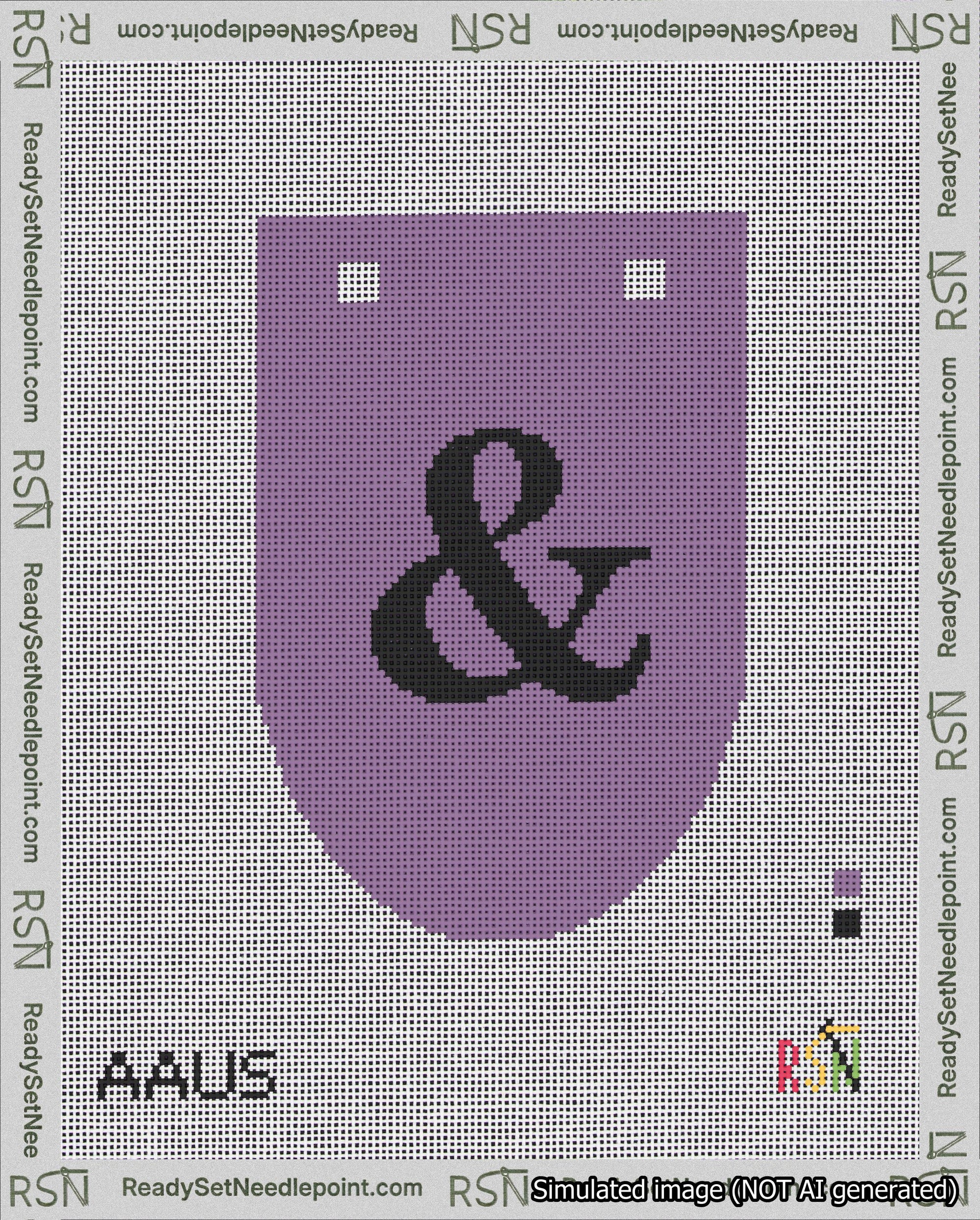 A taped needlepoint canvas with the design: Banner 18 mesh count Rounded Ampersand Black on Purple.