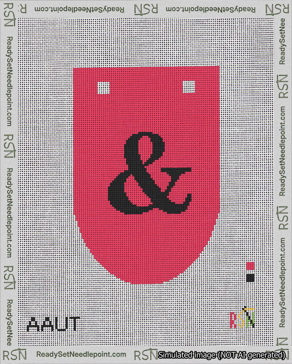 A taped needlepoint canvas with the design: Banner 18 mesh count Rounded Ampersand Black on Red.